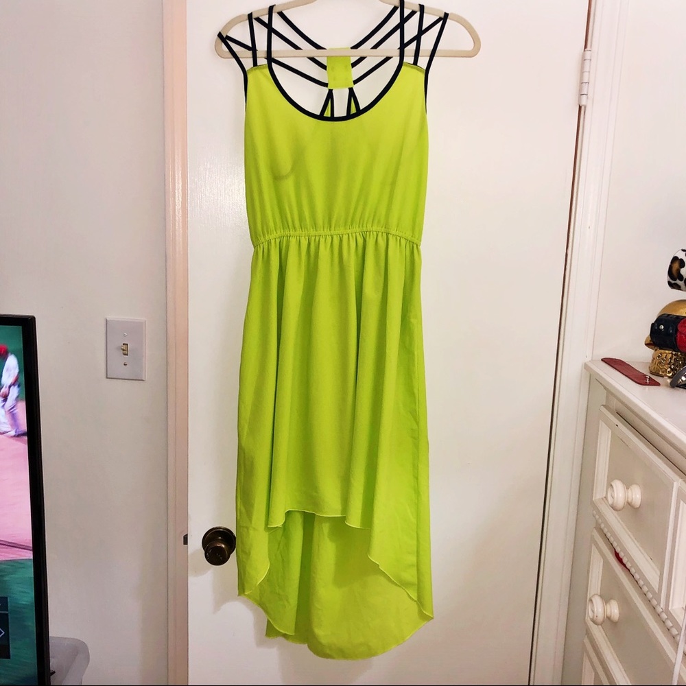 YA Los Angeles Neon Lime High Low Dress Black Strappy Back Sleeveless Size L